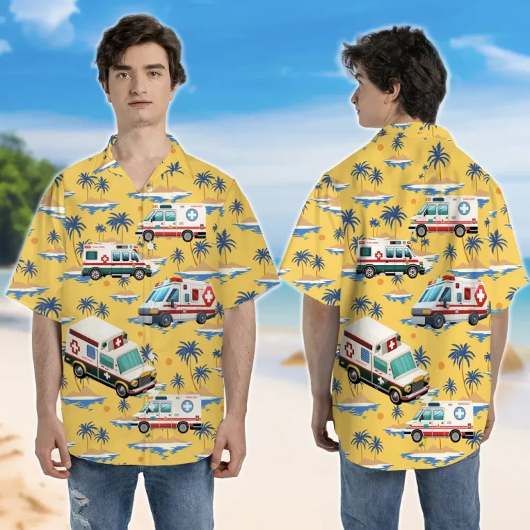 Ambulance Unisex Hawaiian Shirt, Emergency Vehicles Aloha Button Down Shirt, Hospital Clothes, Casual Short Sleeves, Doctor Gift