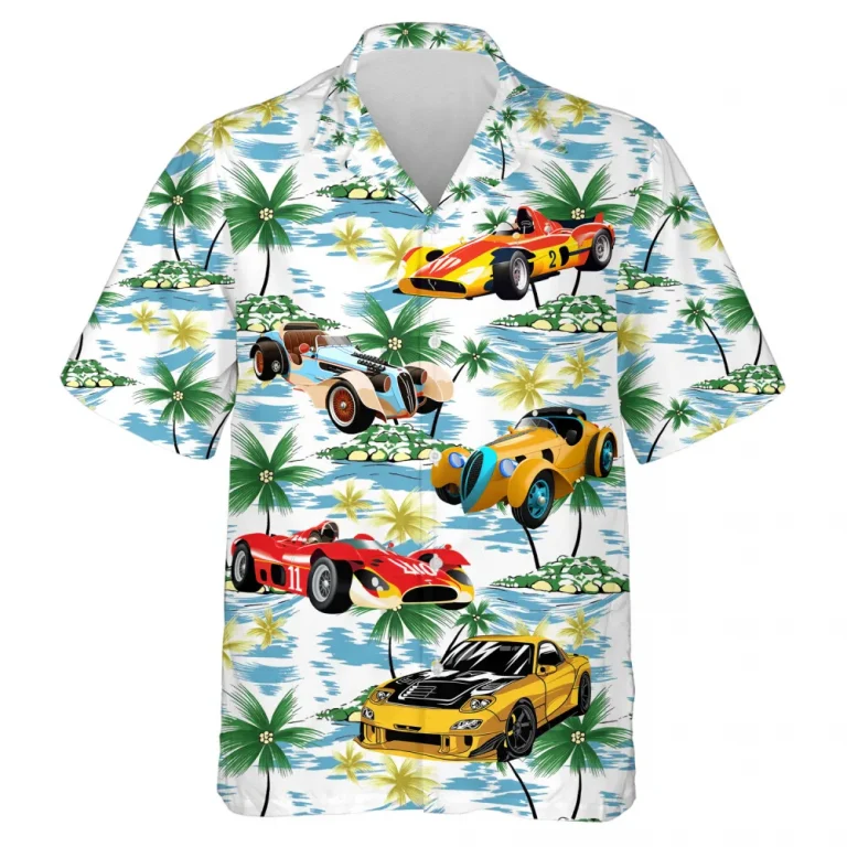 Racing Car 3d Printed Unisex Hawaiian Shirt, Watercolor Island Aloha Button Down Shirt For Men And Women, Palm Pattern Clothing, Summer Wear
