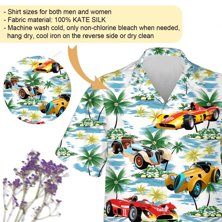 Racing Car 3d Printed Unisex Hawaiian Shirt, Watercolor Island Aloha Button Down Shirt For Men And Women, Palm Pattern Clothing, Summer Wear