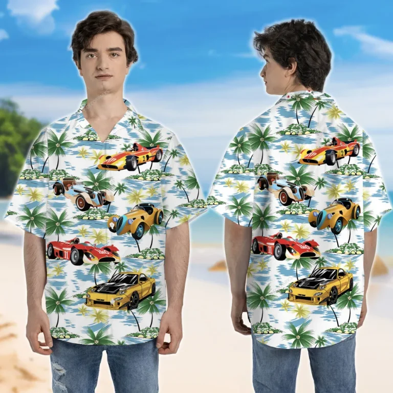 Racing Car 3d Printed Unisex Hawaiian Shirt, Watercolor Island Aloha Button Down Shirt For Men And Women, Palm Pattern Clothing, Summer Wear
