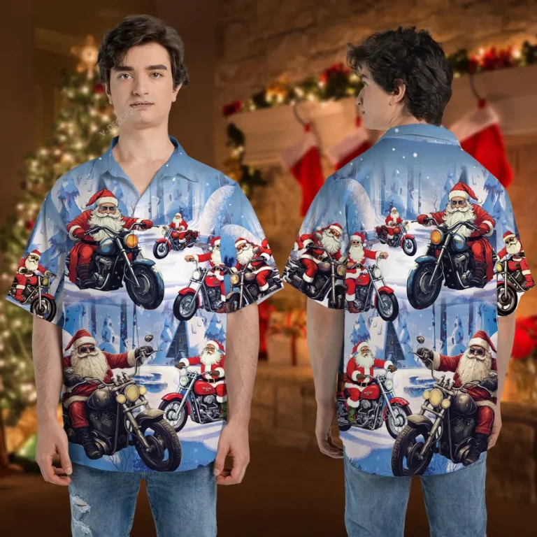 Christmas Cool Santa Unisex Hawaiian Shirt, Xmas Sleigh Aloha Button Down Shirt, Motobike Lover Clothing, Biker Gift, Snow Pattern Top