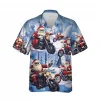 Christmas Cool Santa Unisex Hawaiian Shirt, Xmas Sleigh Aloha Button Down Shirt, Motobike Lover Clothing, Biker Gift, Snow Pattern Top