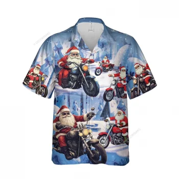 Christmas Cool Santa Unisex Hawaiian Shirt, Xmas Sleigh Aloha Button Down Shirt, Motobike Lover Clothing, Biker Gift, Snow Pattern Top