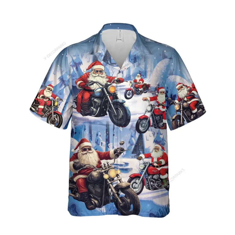 Christmas Cool Santa Unisex Hawaiian Shirt, Xmas Sleigh Aloha Button Down Shirt, Motobike Lover Clothing, Biker Gift, Snow Pattern Top