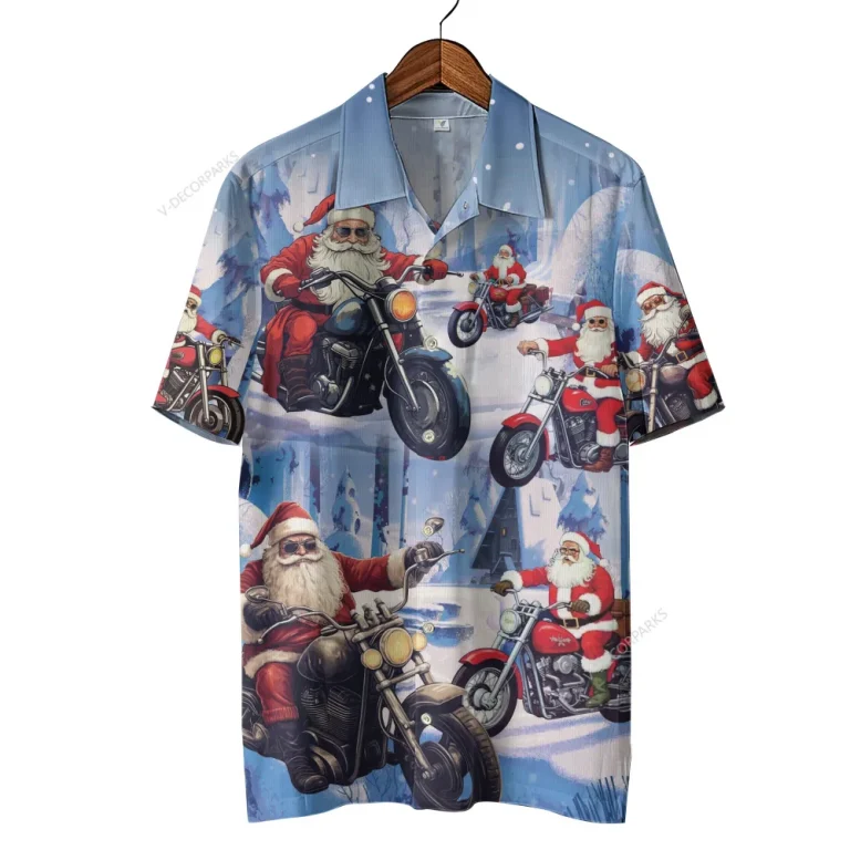 Christmas Cool Santa Unisex Hawaiian Shirt, Xmas Sleigh Aloha Button Down Shirt, Motobike Lover Clothing, Biker Gift, Snow Pattern Top