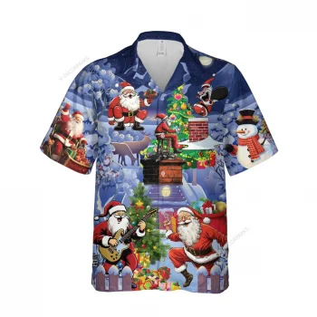 Santa Gift Unisex Hawaiian Shirt, Reindeer Sleigh Aloha Button Down Shirt, Summer Vacation Short Sleeve, Family Christmas Clothing