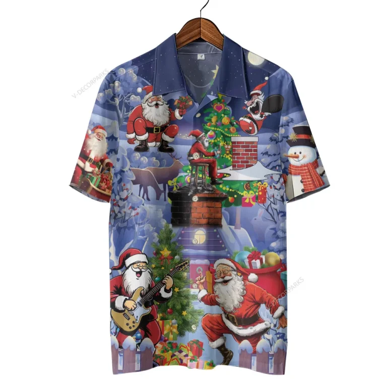 Santa Gift Unisex Hawaiian Shirt, Reindeer Sleigh Aloha Button Down Shirt, Summer Vacation Short Sleeve, Family Christmas Clothing