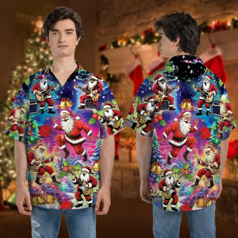 Christmas Music Button Down Hawaiian Shirt, Santa Plays Guitar Bass Button Down Shirt, Music Lover Aloha Shirt, Santa Themed Aloha Shirt