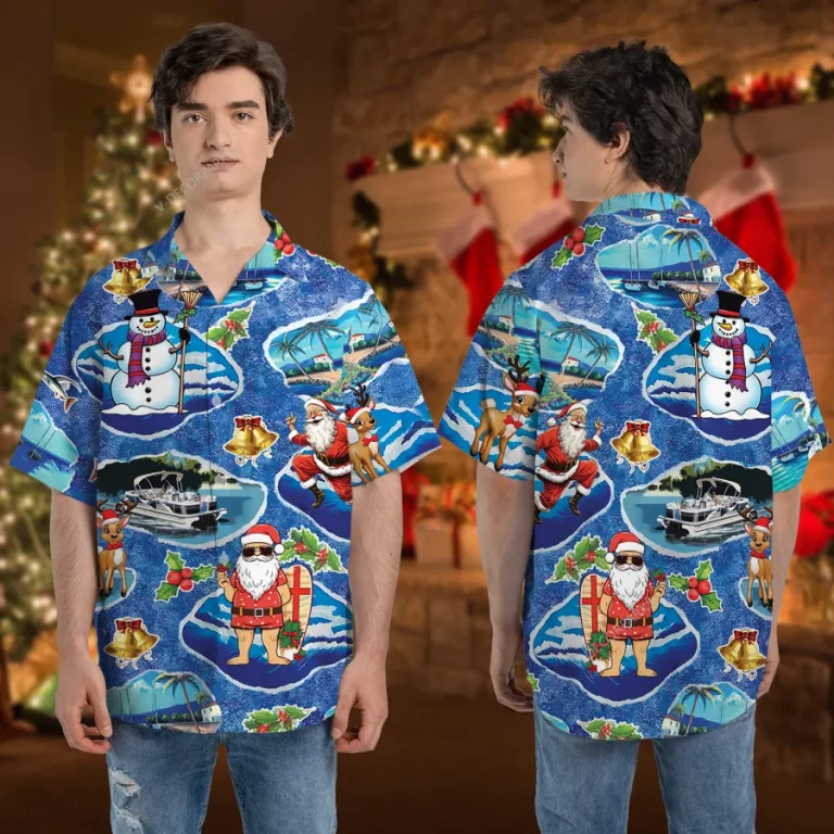 Tropical Christmas Button Hawaiian Shirt, Santa Clause Surfing Shirt, Cool Snowman Button Up Shirt, Summer Beach Vibes Aloha Shirt