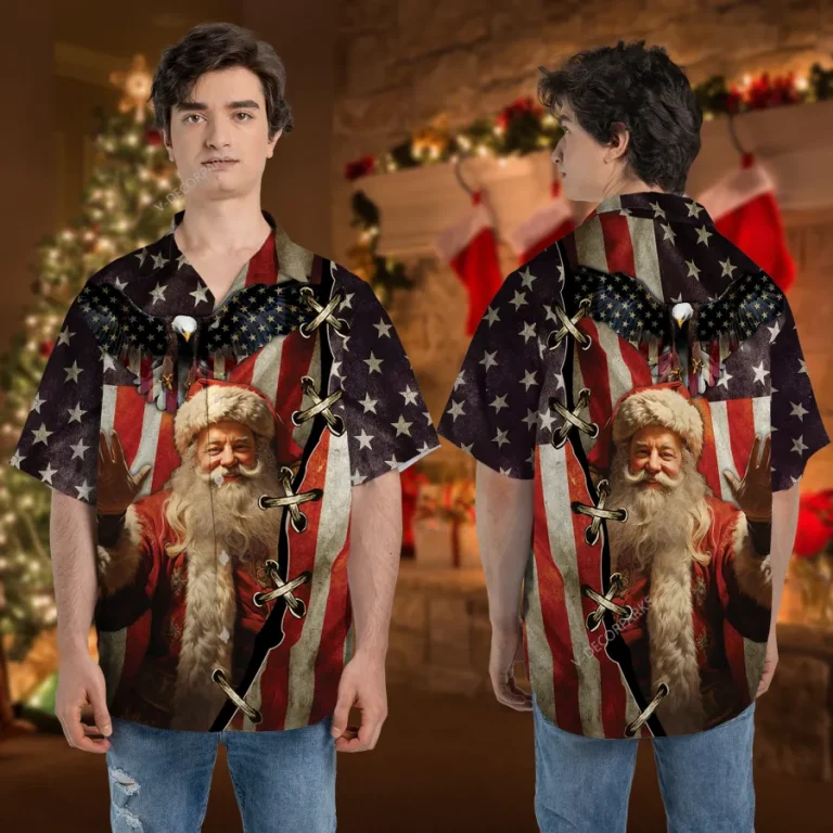 Christmas Us Santa Claus Button Down Hawaiian Shirt, America Flag Patterned Shirt, Patriot Button-down Shirt, Xmas Themed Aloha Shirt