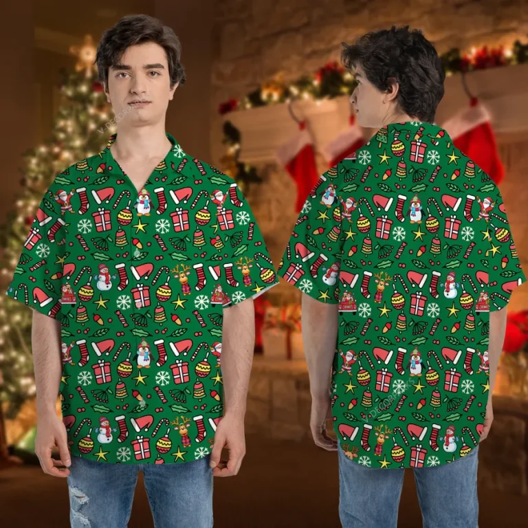 Funny Christmas Symbol Button Down Hawaiian Shirt, Funky Xmas Icon Shirt, Family Chrismas Gift, Santa Themed Aloha Shirt