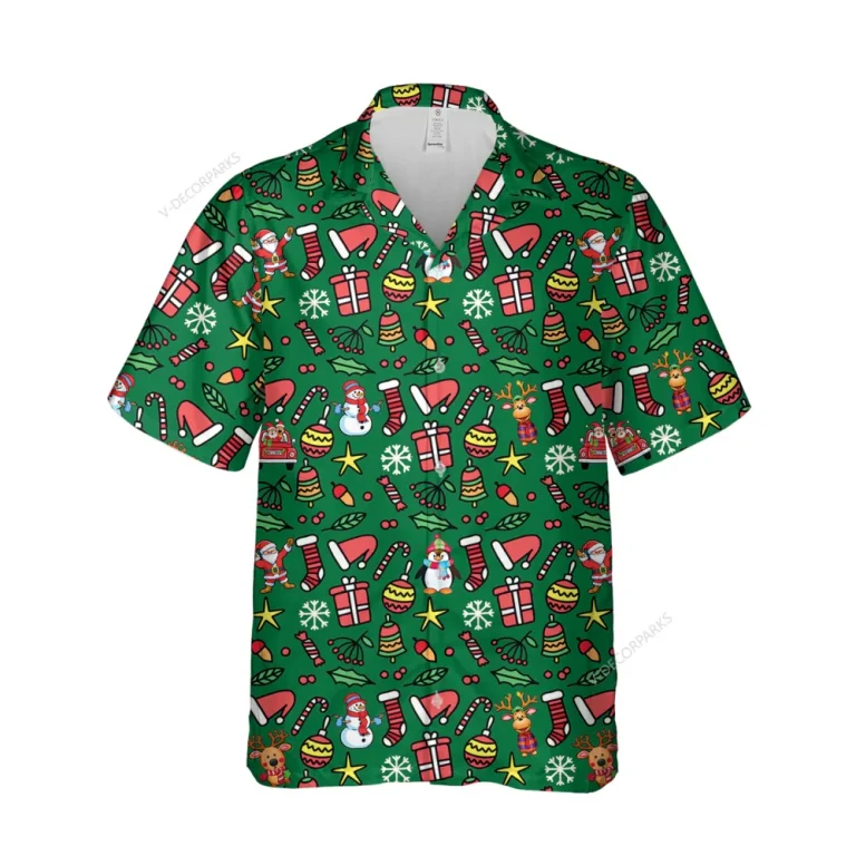 Funny Christmas Symbol Button Down Hawaiian Shirt, Funky Xmas Icon Shirt, Family Chrismas Gift, Santa Themed Aloha Shirt