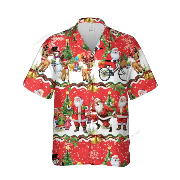 Christmas Day Pattern Hawaiian Short Sleeve, Santa Clause Breathable Wear, Xmas Reindeer Printed Clothing, Santa Bike Hawaiian Shirt