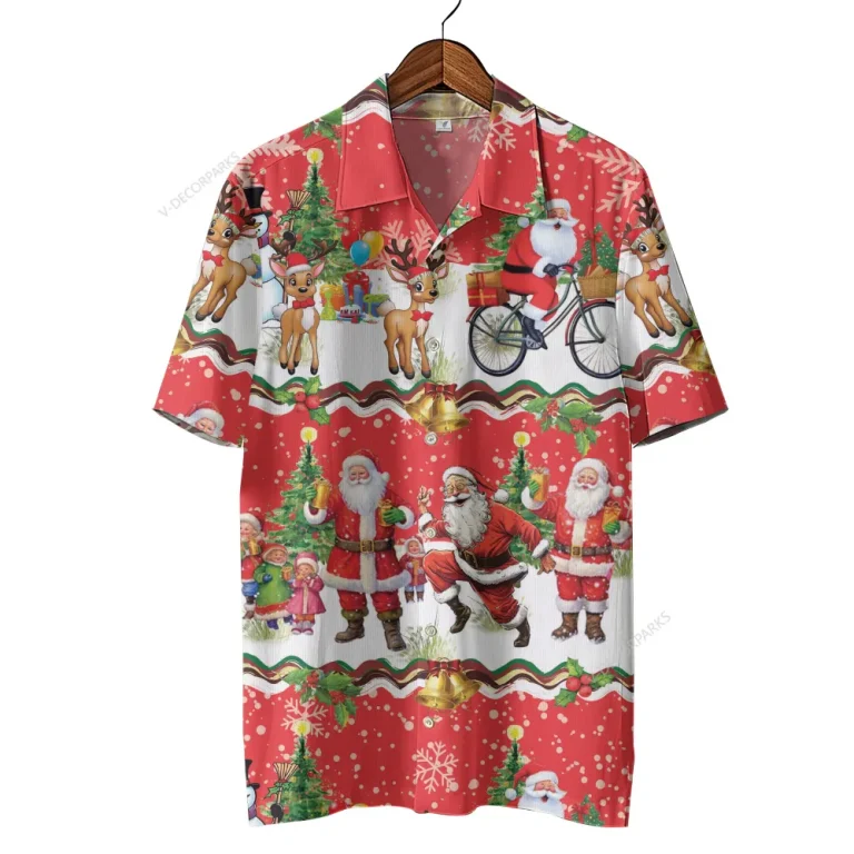 Christmas Day Pattern Hawaiian Short Sleeve, Santa Clause Breathable Wear, Xmas Reindeer Printed Clothing, Santa Bike Hawaiian Shirt