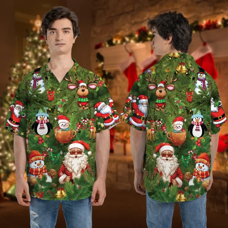 Santa Pine Tree Unisex Hawaiian Shirt, Cute Penguin Aloha Button Down Shirt, Summer Vacation Short Sleeve, Family Christmas Clothing