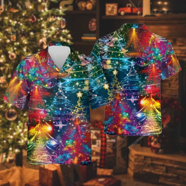 Hologram Xmas Tree Unisex Hawaiian Shirt, Sparkling Pine Tree Aloha Button Down Shirt, Xmas Decoration Short Sleeve, Family Christmas Clothing