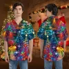 Hologram Xmas Tree Unisex Hawaiian Shirt, Sparkling Pine Tree Aloha Button Down Shirt, Xmas Decoration Short Sleeve, Family Christmas Clothing