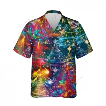 Hologram Xmas Tree Unisex Hawaiian Shirt, Sparkling Pine Tree Aloha Button Down Shirt, Xmas Decoration Short Sleeve, Family Christmas Clothing