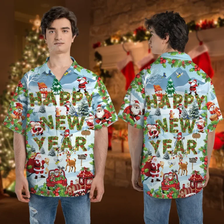 Xmas Happy New Year Hawaiian Shirt, 2024 Season Greeting Aloha Shirt, Snow Patterned Clothing, Christmas Flower Wreath, Funny Aloha Top