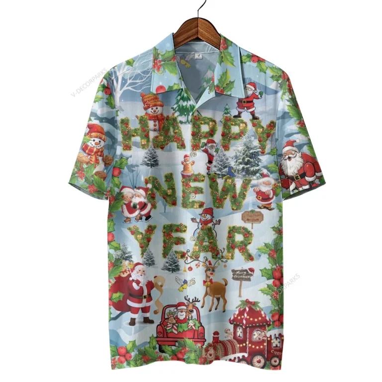 Xmas Happy New Year Hawaiian Shirt, 2024 Season Greeting Aloha Shirt, Snow Patterned Clothing, Christmas Flower Wreath, Funny Aloha Top