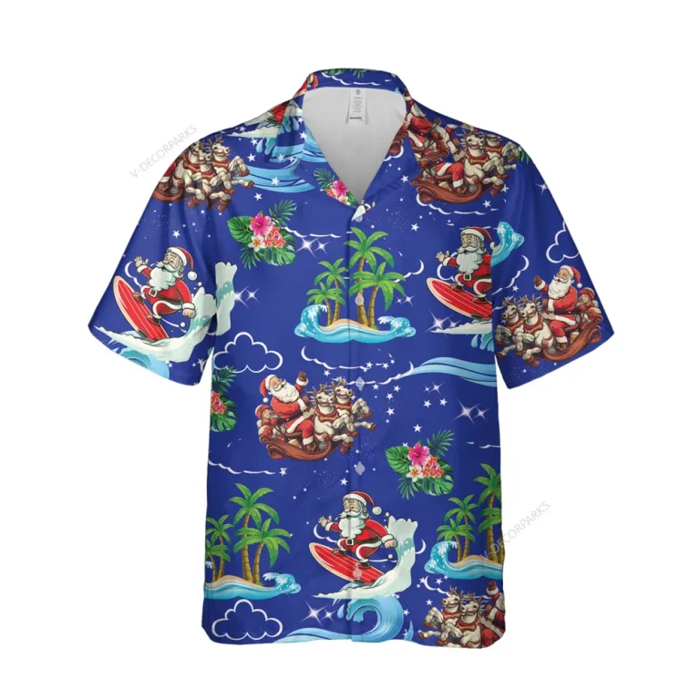 Christmas Tropical Sea Button Hawaiian Shirt, Santa Clause Surfing Shirt, Hibiscus And Leaves Button Up Shirt, Summer Beach Vibes Aloha Shirt