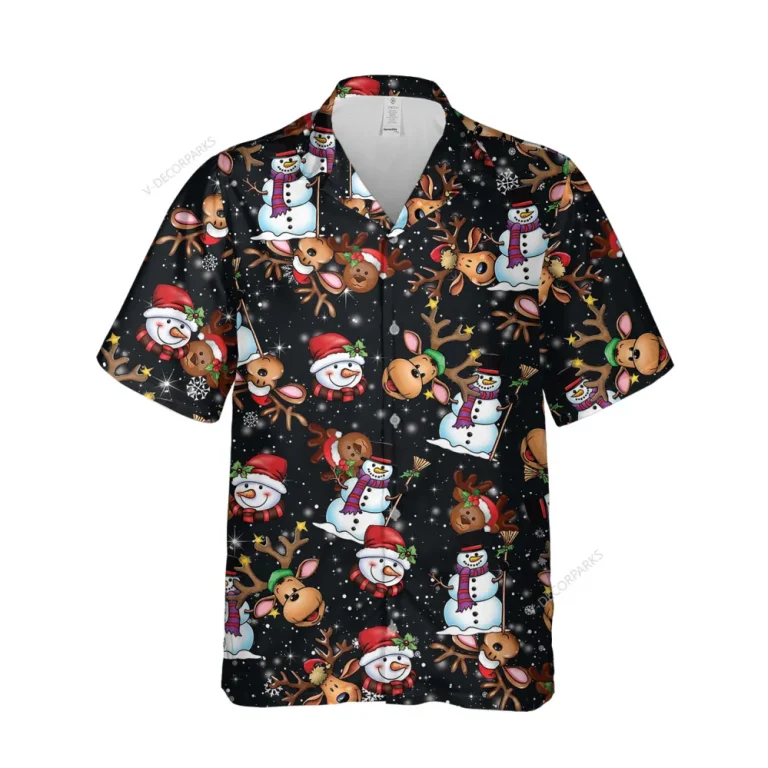 Cute Santa Snowman Christmas Icon Unisex Hawaiian Shirt, Funky Reindeer Symbol Shirt, Family Chrismas Gift, Xmas Bell Aloha Shirt, Relaxed Fit