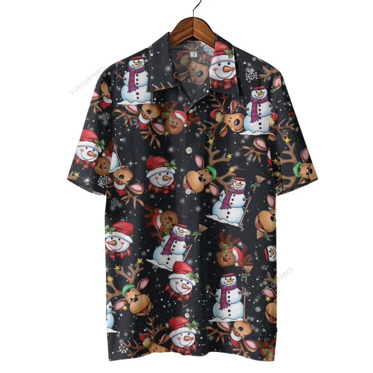 Cute Santa Snowman Christmas Icon Unisex Hawaiian Shirt, Funky Reindeer Symbol Shirt, Family Chrismas Gift, Xmas Bell Aloha Shirt, Relaxed Fit