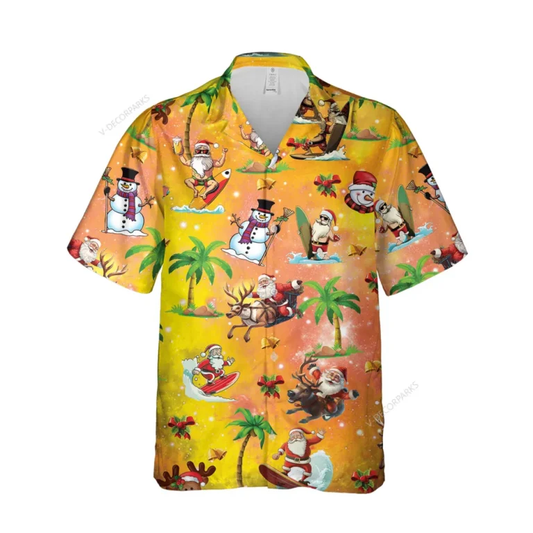 Santa Clause Surfing Unisex Hawaiian Shirt, Tropical Sea Shirt, Cool Snowman Button Down Shirt, Christmas Eve Vibes Aloha Shirt