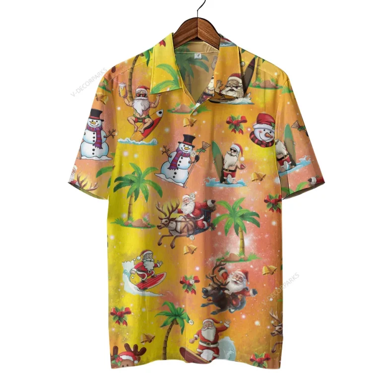 Santa Clause Surfing Unisex Hawaiian Shirt, Tropical Sea Shirt, Cool Snowman Button Down Shirt, Christmas Eve Vibes Aloha Shirt