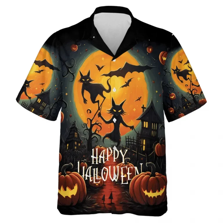 Spooky Black Cat Halloween Unisex Hawaiian Shirt, Witch House On The Moon Halloween Design Aloha Button Down Shirts, Halloween Shirt