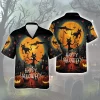 Spooky Black Cat Halloween Unisex Hawaiian Shirt, Witch House On The Moon Halloween Design Aloha Button Down Shirts, Halloween Shirt