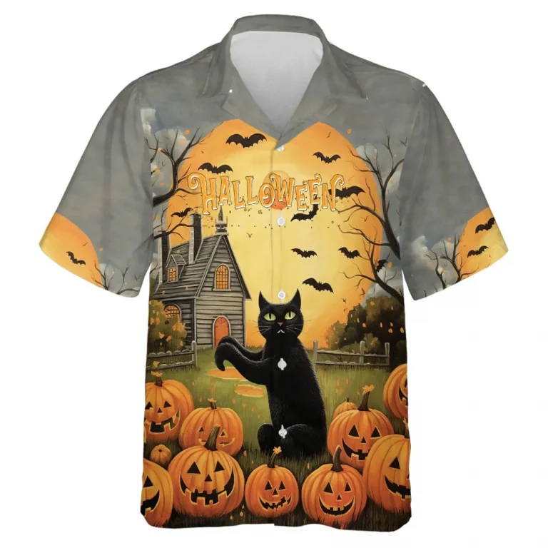 Scary Black Cat In Pumpkin Garden Men Hawaiian Shirt, Halloween Inspired Designed Shirt, Spooky Bat Patterned Hawaii Shirt, Halloween Shirt