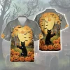 Scary Black Cat In Pumpkin Garden Men Hawaiian Shirt, Halloween Inspired Designed Shirt, Spooky Bat Patterned Hawaii Shirt, Halloween Shirt