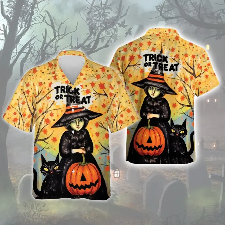 Green Witch With Pumpkin Lantern Halloween Hawaiian Shirt, Scary Black Cat Aloha Button Down Shirts, Halloween Disguise Party Shirt For Guest