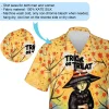 Green Witch With Pumpkin Lantern Halloween Hawaiian Shirt, Scary Black Cat Aloha Button Down Shirts, Halloween Disguise Party Shirt For Guest