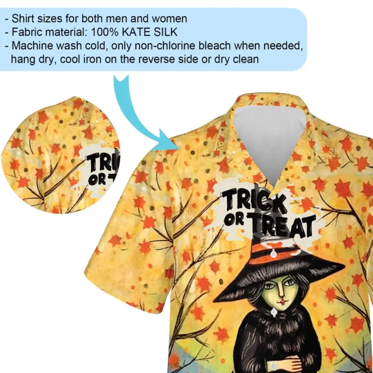 Green Witch With Pumpkin Lantern Halloween Hawaiian Shirt, Scary Black Cat Aloha Button Down Shirts, Halloween Disguise Party Shirt For Guest