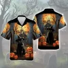 Staring Yellow Eye Black Cat Men Aloha Shirt, Halloween Night Guardian Printed Button Down Shirts, Shining Moon Lover Gift, Horror Haloween Clothing