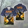 Horror Black Cat Sitting On Tree Hawaiian Shirt, Halloween Leafless Tree Aloha Unisex Shirts, Spooky Forest Designed Clothing, Everyday Wear