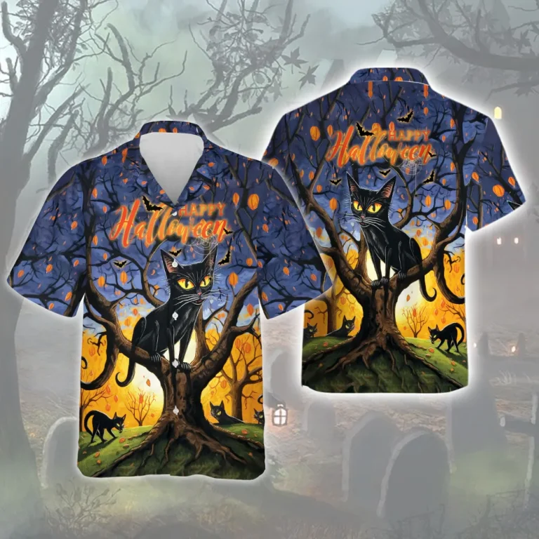 Horror Black Cat Sitting On Tree Hawaiian Shirt, Halloween Leafless Tree Aloha Unisex Shirts, Spooky Forest Designed Clothing, Everyday Wear