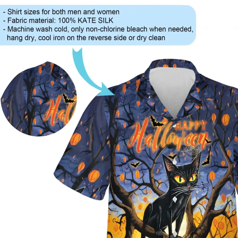 Horror Black Cat Sitting On Tree Hawaiian Shirt, Halloween Leafless Tree Aloha Unisex Shirts, Spooky Forest Designed Clothing, Everyday Wear