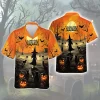 Sorcerer And Black Cats Guardian Men Hawaiian Shirt, Halloween Celebration Aloha Button Down Shirts, Scary Witch And Smiling Sculptured Pumpkin Shirt