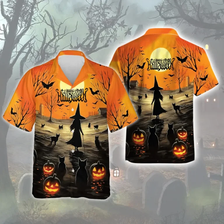 Sorcerer And Black Cats Guardian Men Hawaiian Shirt, Halloween Celebration Aloha Button Down Shirts, Scary Witch And Smiling Sculptured Pumpkin Shirt