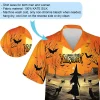 Sorcerer And Black Cats Guardian Men Hawaiian Shirt, Halloween Celebration Aloha Button Down Shirts, Scary Witch And Smiling Sculptured Pumpkin Shirt