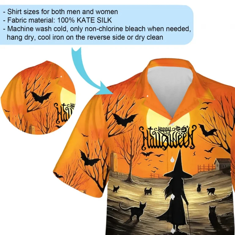 Sorcerer And Black Cats Guardian Men Hawaiian Shirt, Halloween Celebration Aloha Button Down Shirts, Scary Witch And Smiling Sculptured Pumpkin Shirt