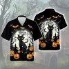 Yellow Eyed Black Cat Among Bats Men Hawaii Shirt, Halloween Sparking Moonlight Aloha Button Down Shirts, Spooky Sculptured Pumpkin.