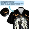 Yellow Eyed Black Cat Among Bats Men Hawaii Shirt, Halloween Sparking Moonlight Aloha Button Down Shirts, Spooky Sculptured Pumpkin.