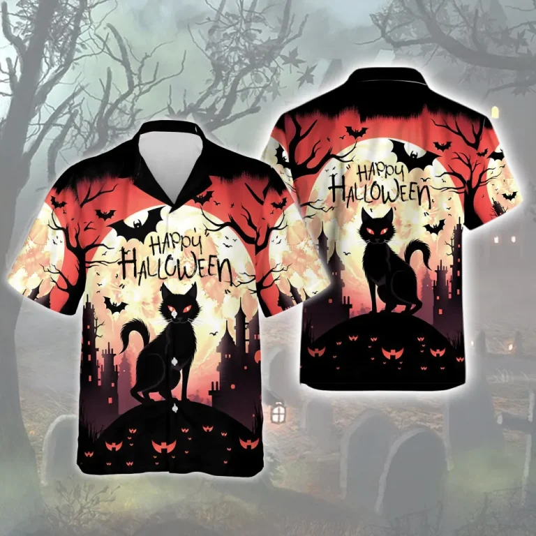 Red Eyed Black Cat In The Moon Men Hawaiian Shirt, Halloween Horror Night Aloha Shirts, Spooky Witch House With Bats Short Sleeves