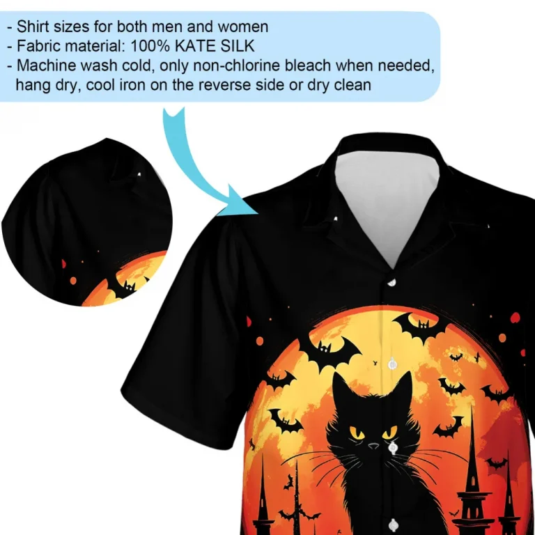 Yellow Eyed Black Cat In The Moon Men Hawaii Shirt, Halloween Orange Moonlight Aloha Button Down Shirts, Spooky Flying Bats In Forest Shirt.