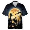 Horrified Black Cat Standing Hawaiian Shirt, Halloween Flying Witch Aloha Unisex Shirts, Spooky Forest Designed Clothing, Haunted Forest Shirt