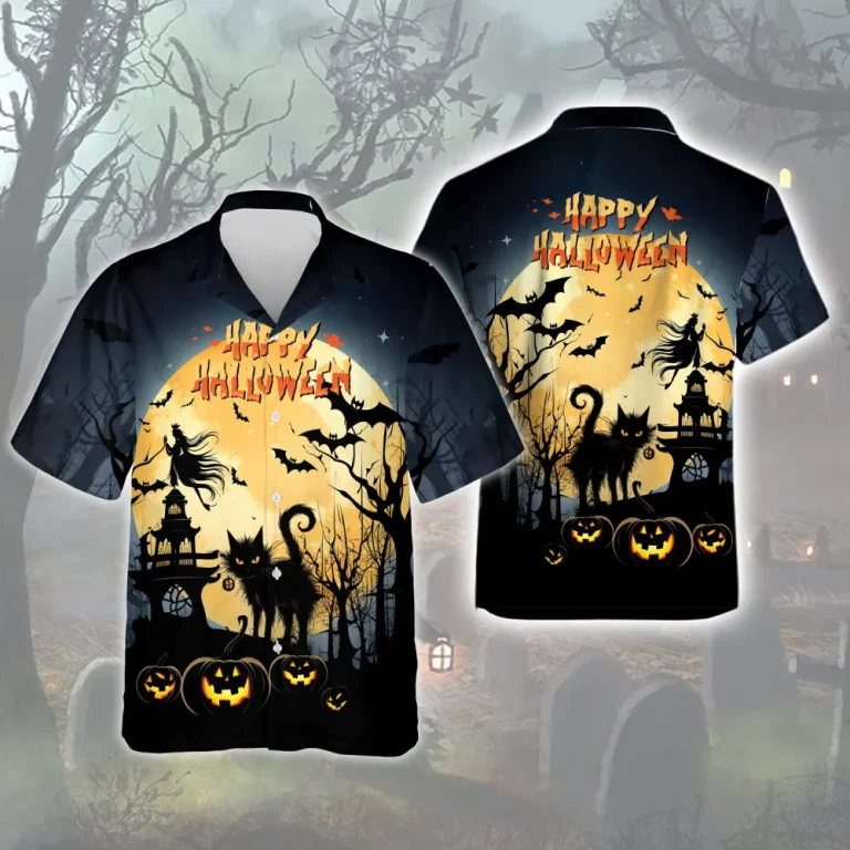 Horrified Black Cat Standing Hawaiian Shirt, Halloween Flying Witch Aloha Unisex Shirts, Spooky Forest Designed Clothing, Haunted Forest Shirt